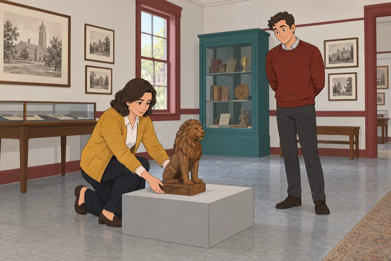 College Mascot Quiz: curator compares a mascot figure.