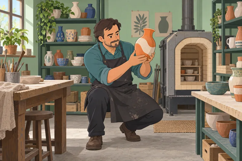 Color Personality and artist examines a matte vase.