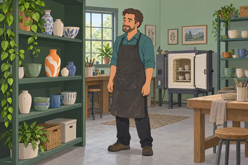 personalidad cromática y artista examina un jarrón.