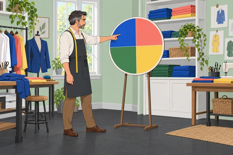 Color Wheel Quiz shows a tailor studying color.