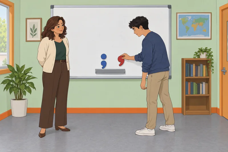 Comma and Semicolon lesson unfolds in class.