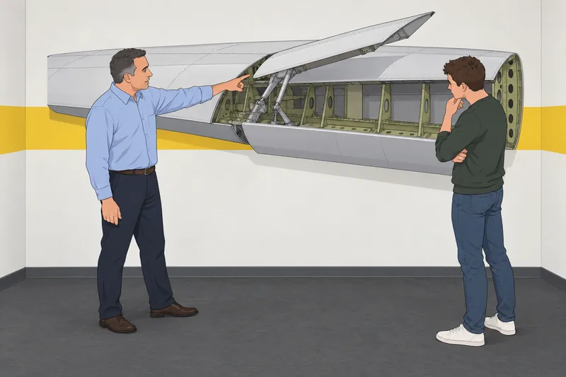 Commercial Plane Quiz stands beside a wing model.