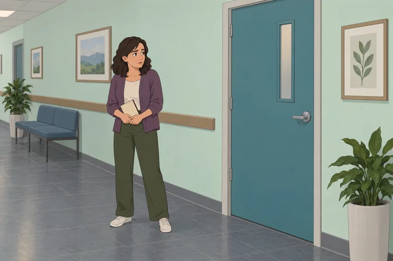 Complex PTSD Quiz: Adult pauses by clinic door.