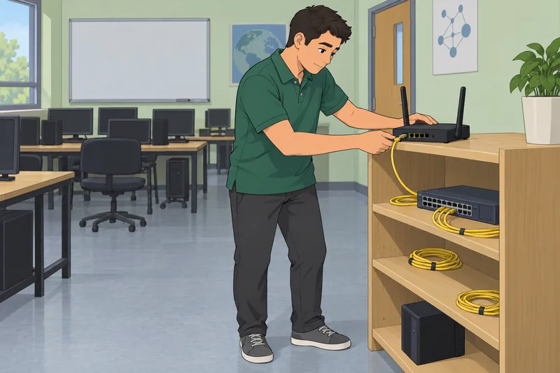 Computer Network Quiz shows learner checking a router.