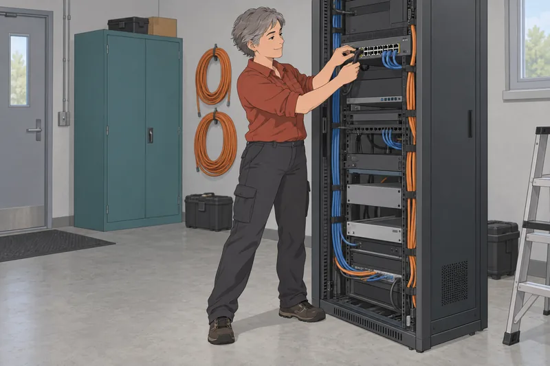 cuestionario sobre redes muestra técnico probando un switch.