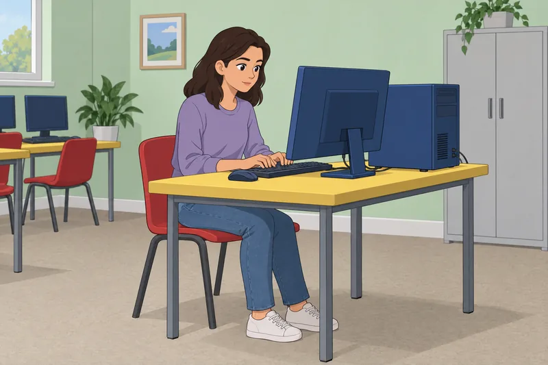 Computer Quiz shows a learner practicing keyboard skills.