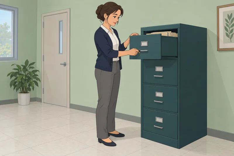 Confidentiality Quiz shows a clerk locking a cabinet.
