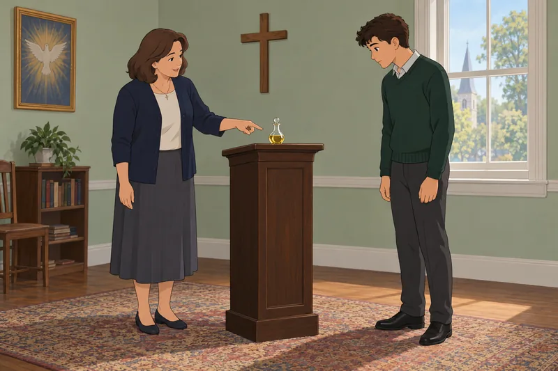 Confirmation Quiz shows a catechist beside chrism.