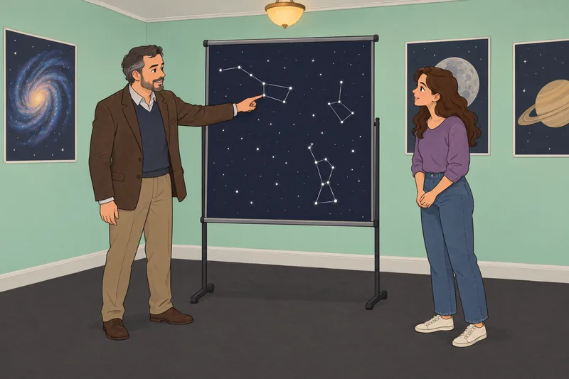 Constellation Quiz shows a teacher tracing star patterns.