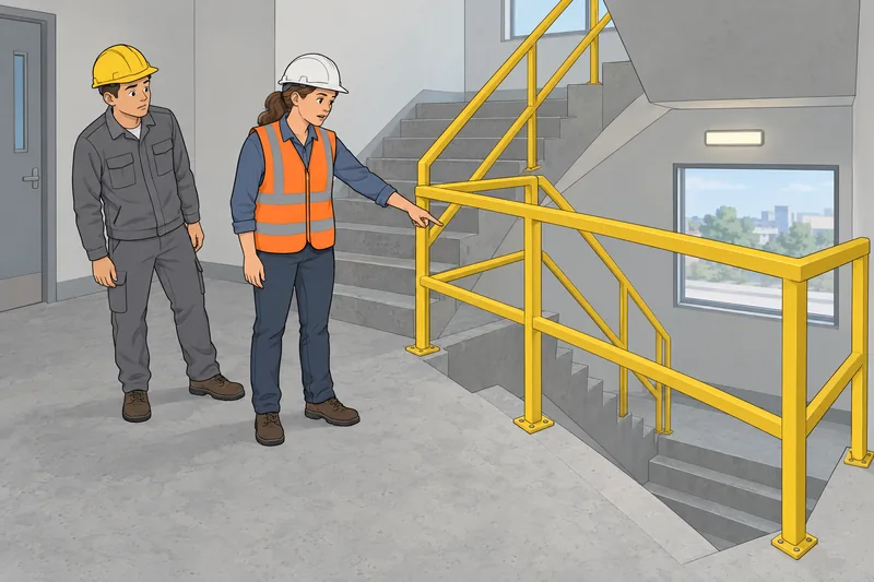 Construction Safety Quiz shows a guarded stairwell.
