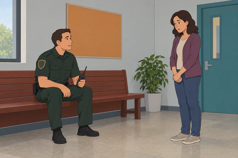 Cop Quiz: officer listens beside a closed door.