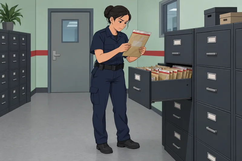 Cop Quiz: applicant reviews an evidence envelope.