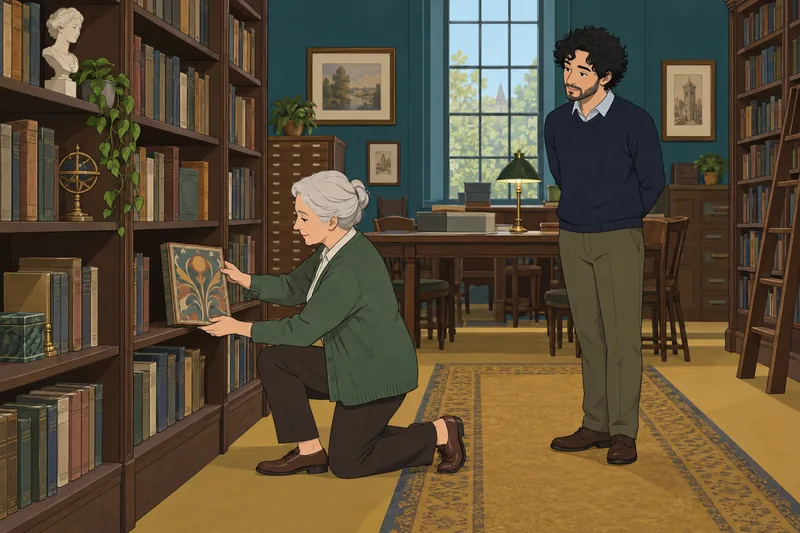 Copyright Quiz depicts an archivist shelving books.