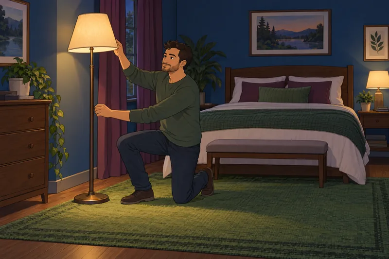 Core Aesthetic Quiz: man adjusts a floor lamp.