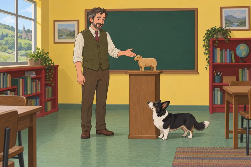Corgi Quiz: a teacher shows a sheep model.