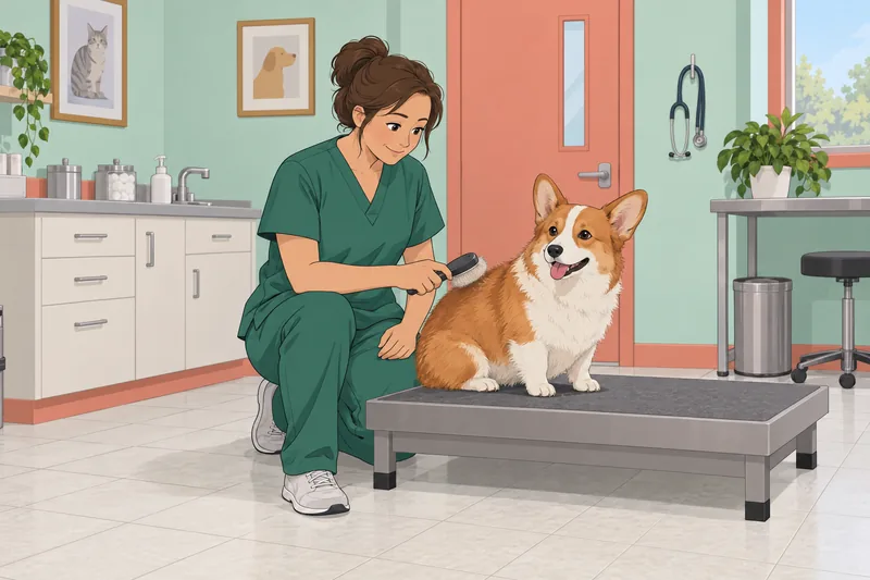 Corgi Quiz: a vet checks a corgi's coat.