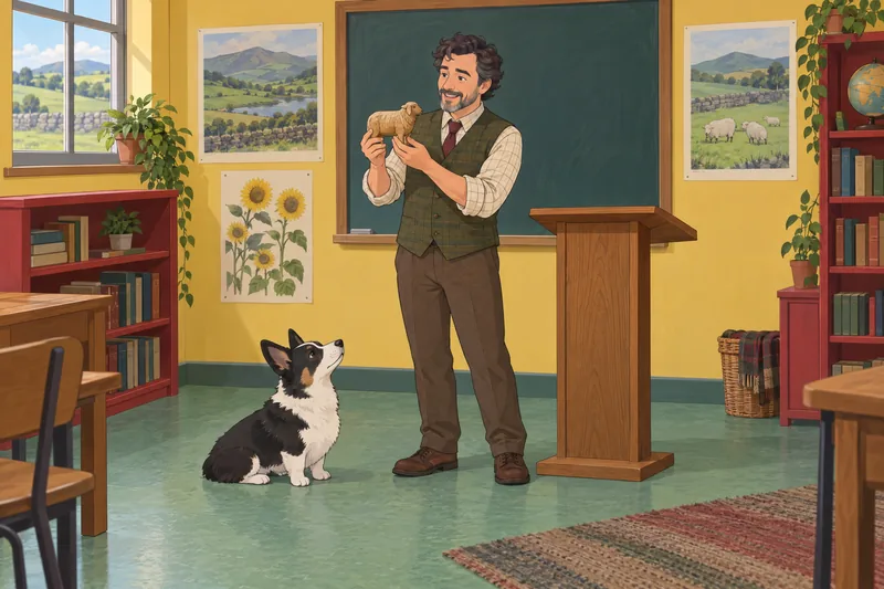 cuestionario sobre corgis: una docente muestra una oveja.