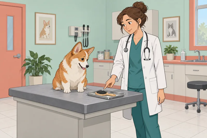 cuestionario sobre corgis: una veterinaria revisa el pelaje.