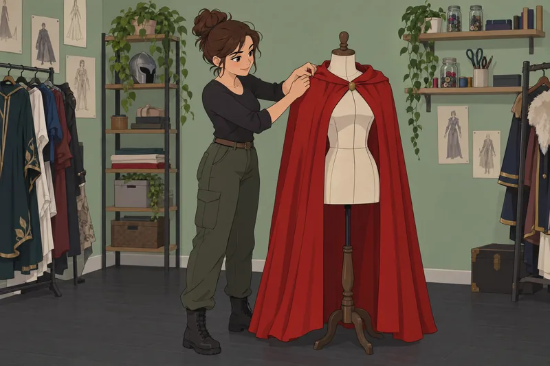 Cosplay Quiz shows a careful cape fitting.