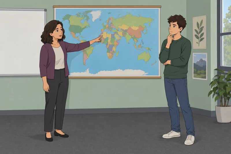 Country Stereotypes Quiz: learner studies a neutral map.