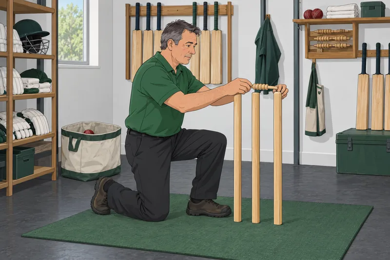 Cricket Quiz: a groundskeeper fits a wicket bail.