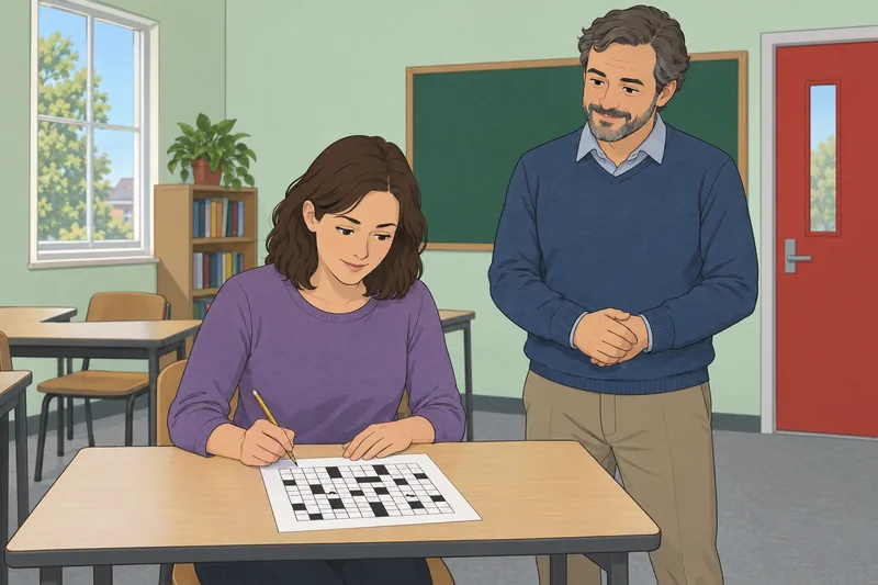 Crossword Quiz shows a learner studying blank crossings.