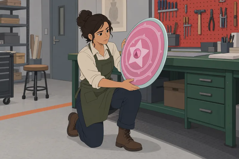 Crystal Gem Quiz: a curator examines a shield.