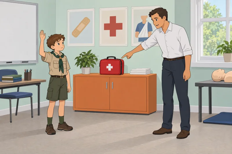 Cub Scout Quiz shows calm first-aid practice.