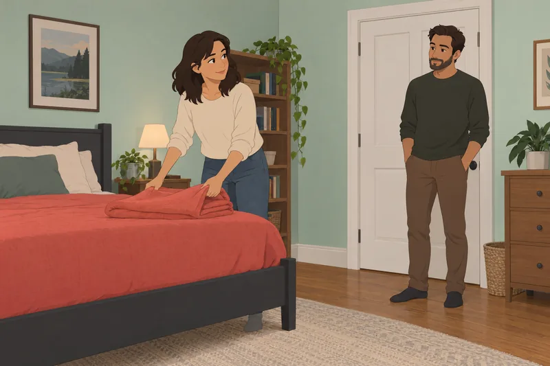 Cuddle Positions Quiz: two adults discuss a blanket.