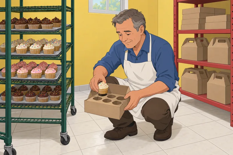 Cupcake Quiz: baker packs a frosted cupcake.