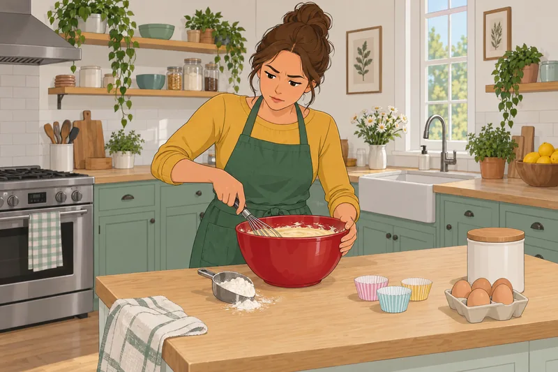 Cupcake Quiz: baker mixes batter in kitchen.