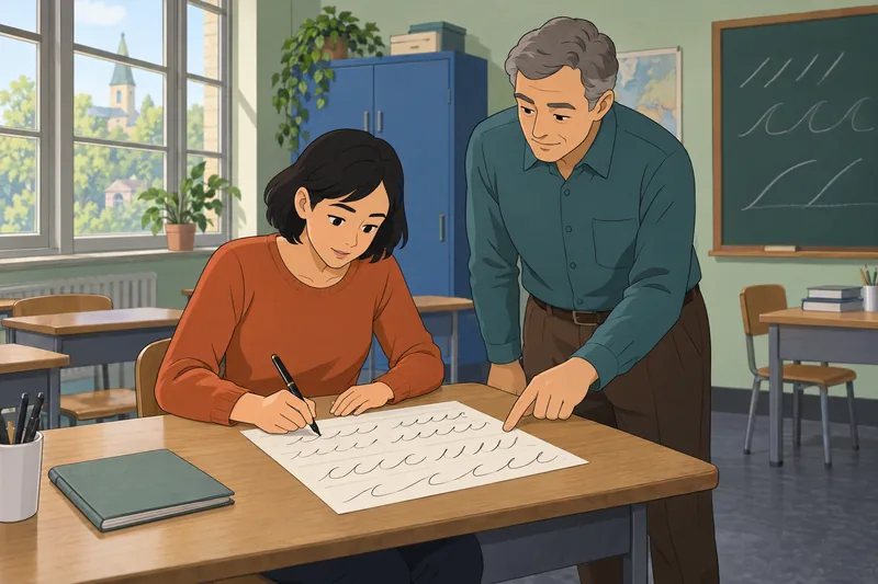 Cursive Quiz shows a learner checking connected strokes.
