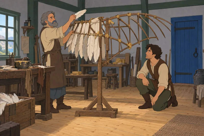 Daedalus and Icarus wing workshop with feathers.
