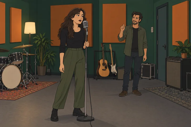 Daisy Jones and bandmates rehearse beside a microphone.