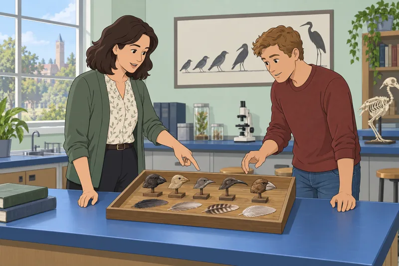 Darwin Quiz shows finch models in biology class.