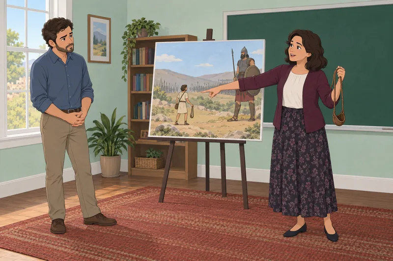 David and Goliath quiz scene in a classroom.