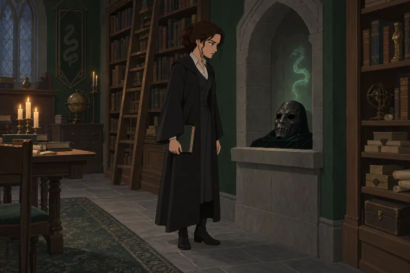 Death Eater Quiz: archivist examines a black mask.