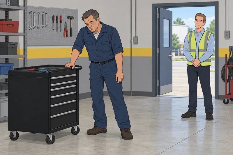 Chronic Fatigue Severity pauses beside a tool chest.