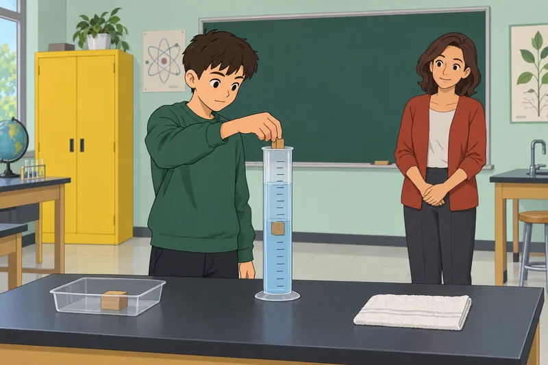 Density Quiz shows a student measuring displaced water.