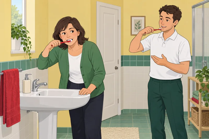 Dental Quiz depicts brushing practice in a bathroom.