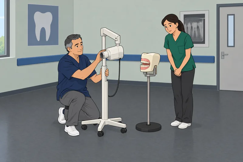 Dental Radiography Quiz: instructor aligns an X-ray tube.