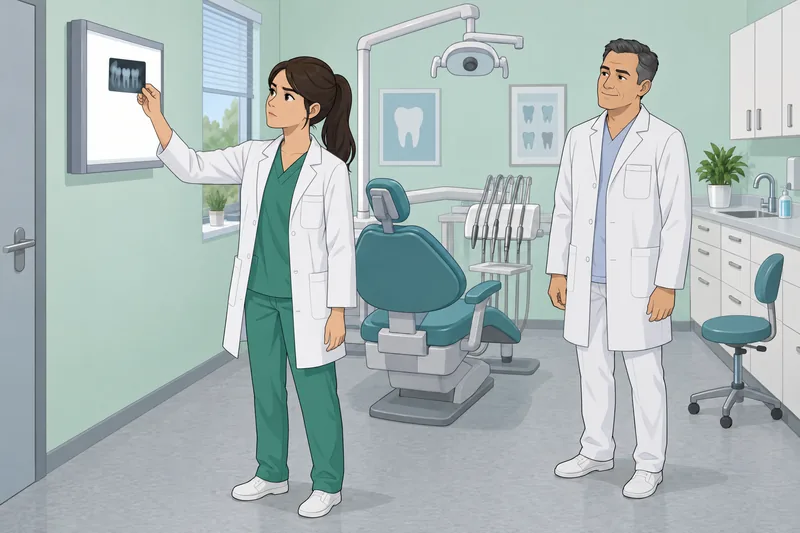 Dental Radiography Quiz: trainee checks dental X-ray.