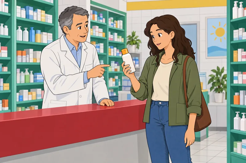 Dermatology Quiz: shopper compares sunscreen in a pharmacy.