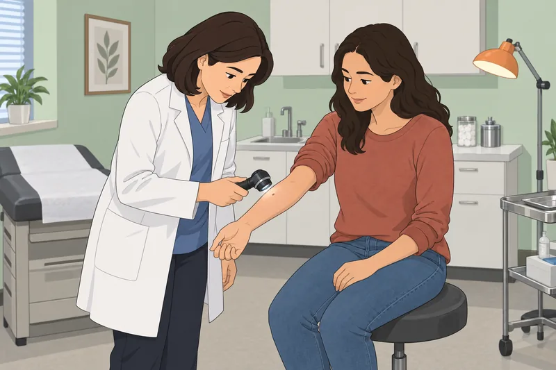 Dermatology Quiz: clinician examines a forearm in clinic.