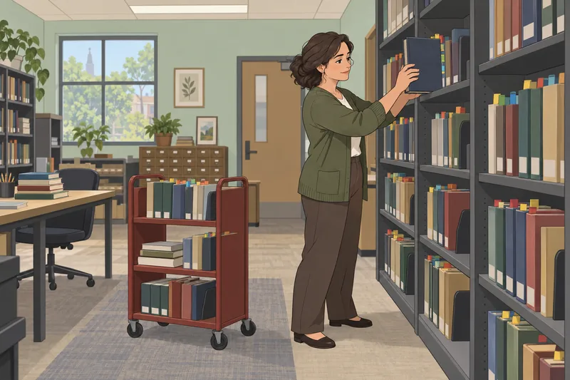 Dewey Decimal System practice in a library workroom.