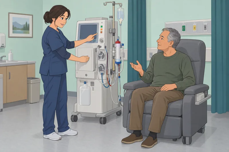 La escena muestra cuestionario sobre diálisis en clínica.