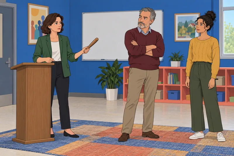 Dictator Test depicts a facilitator weighing dissent.