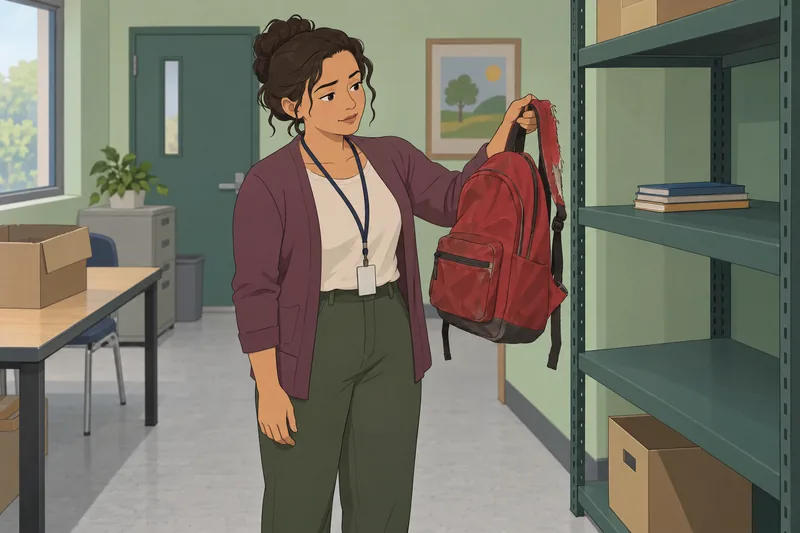 Did I Grow? An adult studies a backpack.