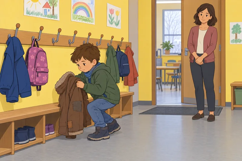 cuestionario ¿Crecí en: un niño cuelga un abrigo.
