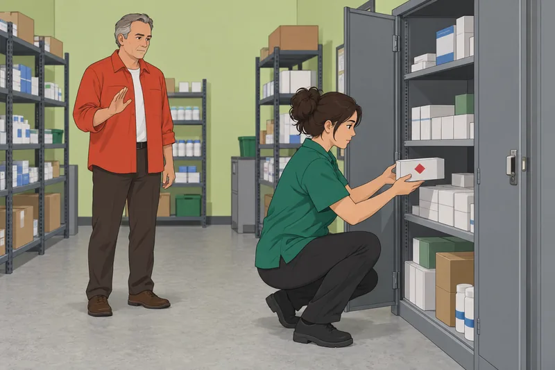 Dispensary Quiz shows a worker checking sealed stock.